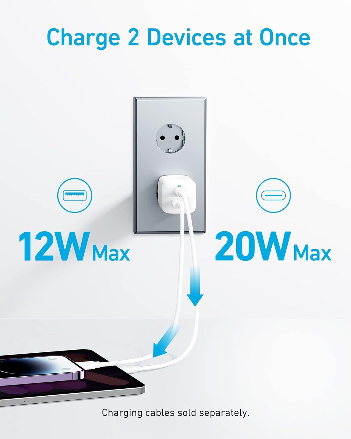imageAnker Chargeur iPhone 323 33W Chargeur Rapide 2 Ports USB A et USB C Compact pour iPhone 1616 Plus16 Pro Max151413 Pixel Galaxy iPadiPad Mini et Plus cble Non Inclus Blanc