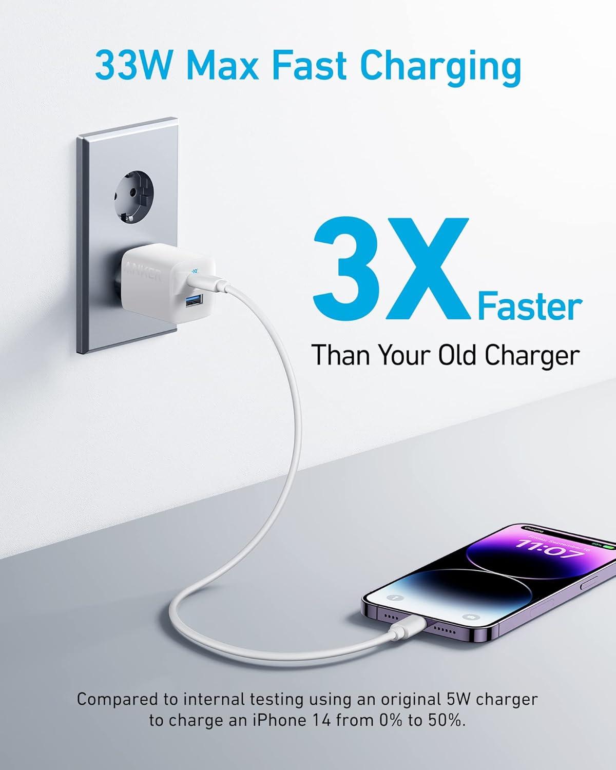 imageAnker Chargeur iPhone 323 33W Chargeur Rapide 2 Ports USB A et USB C Compact pour iPhone 1616 Plus16 Pro Max151413 Pixel Galaxy iPadiPad Mini et Plus cble Non Inclus Blanc