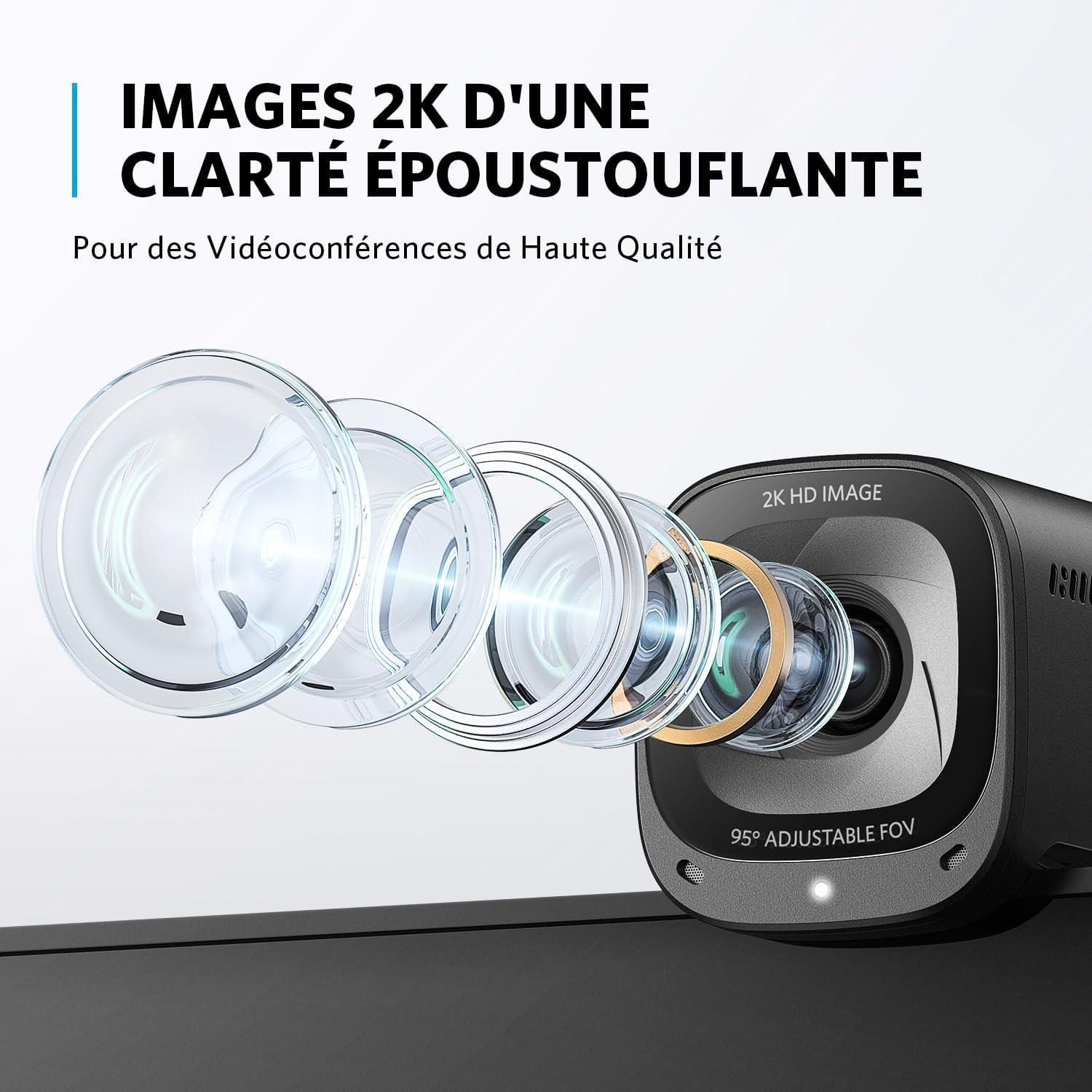 image:imageAnker PowerConf C200 Webcam USB 2K Webcam pour Ordinateur Portable Microphones avec rduction du Bruit et IA Microphones stro Angle de Vision rglable