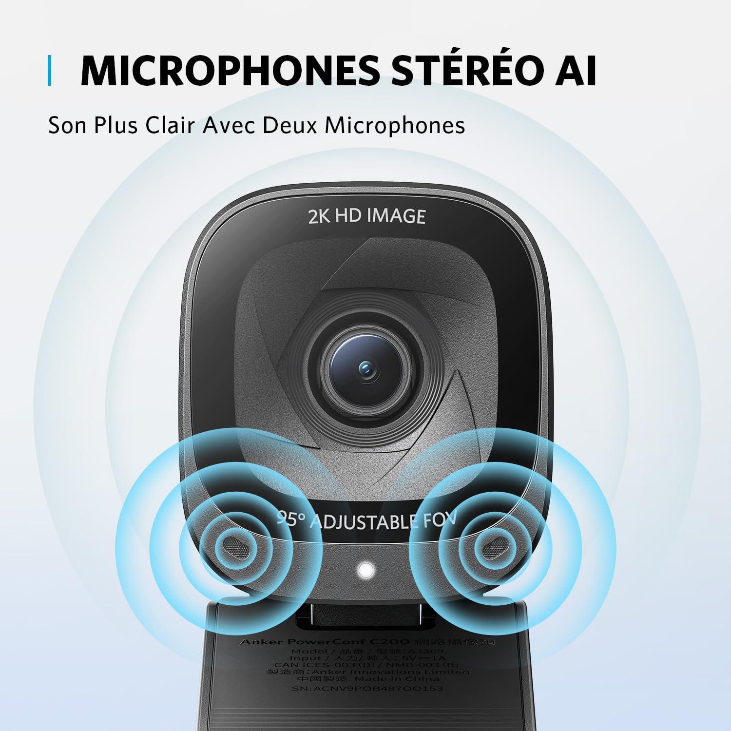 image:imageAnker PowerConf C200 Webcam USB 2K Webcam pour Ordinateur Portable Microphones avec rduction du Bruit et IA Microphones stro Angle de Vision rglable